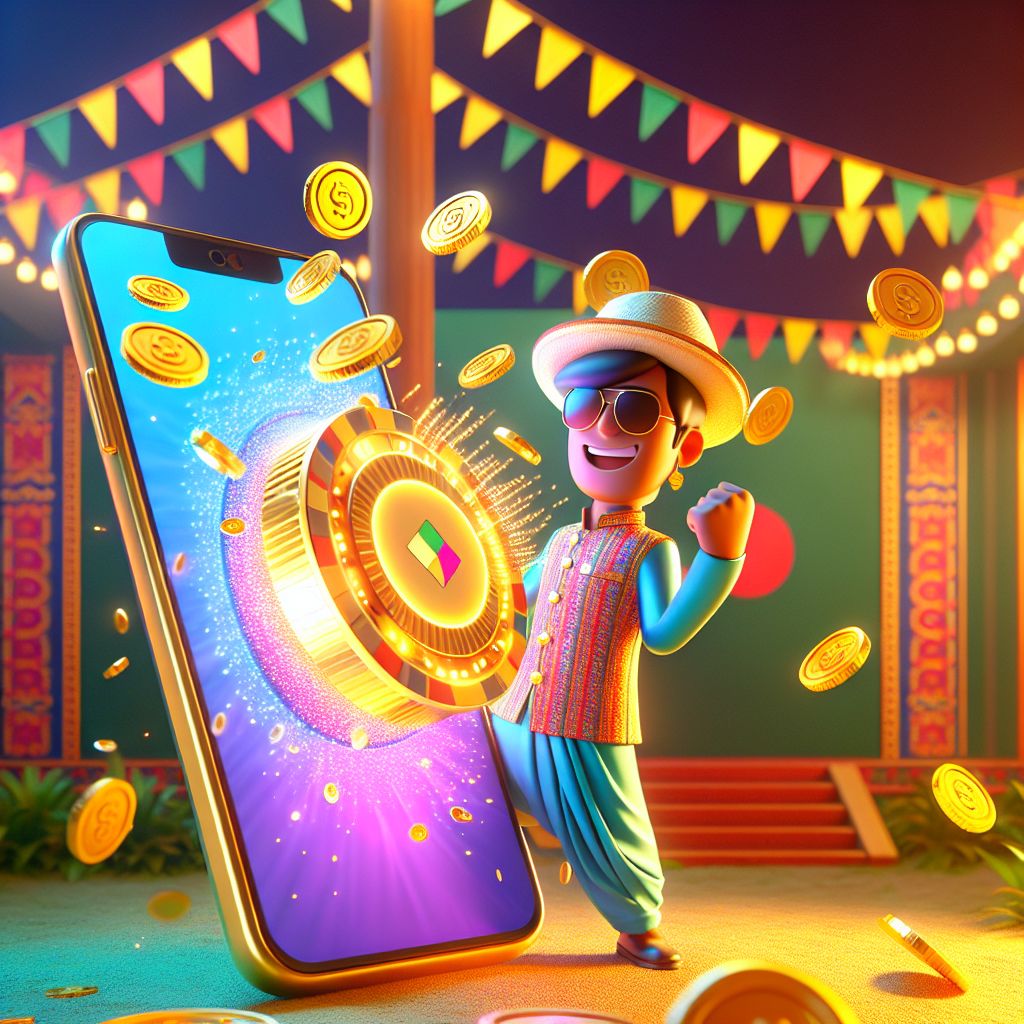 BK444 App cartoon character holding a smartphone with casino games