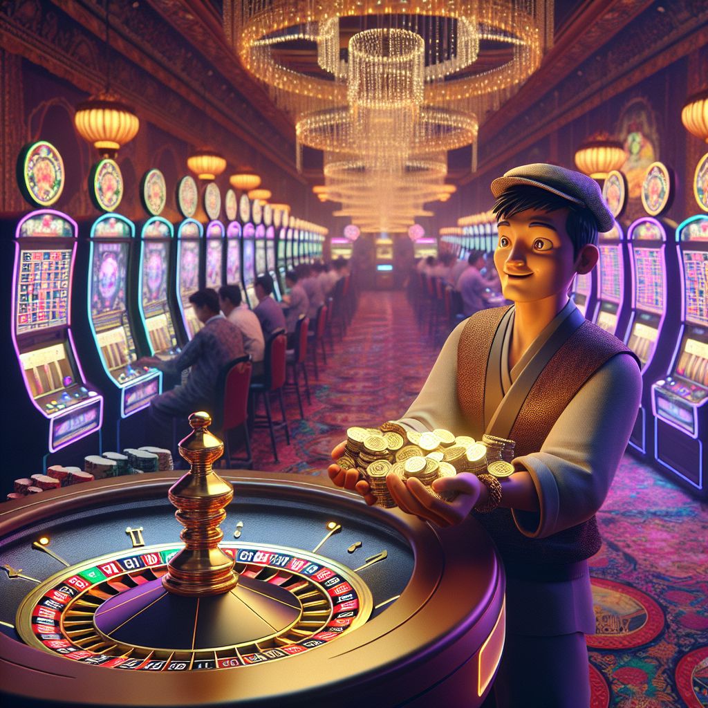 BK444 casino themed cartoon characters with slot machines and poker chips